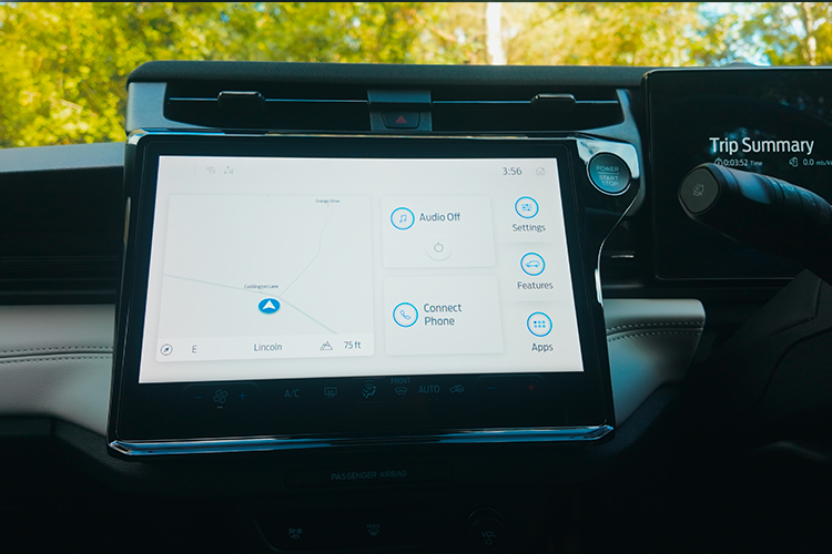 Infotainment system of a Ford Puma Gen-E showing sat nav capability